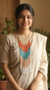 Multi-Strand Seed Bead Waterfall Fringe Necklace on Silver Chain