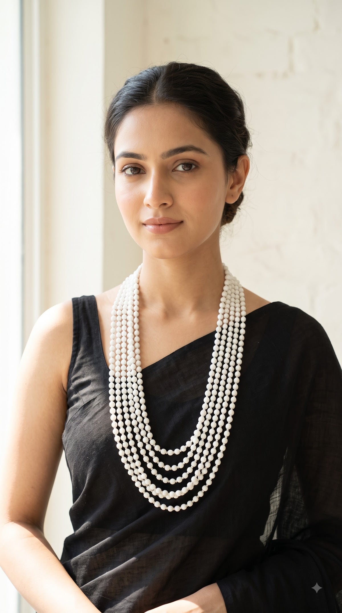 Multi Strand White Round Glass Bead Long Opera Necklace
