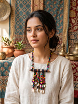 Multicolour Wooden Bead & Cowrie Shells Fringe Necklace