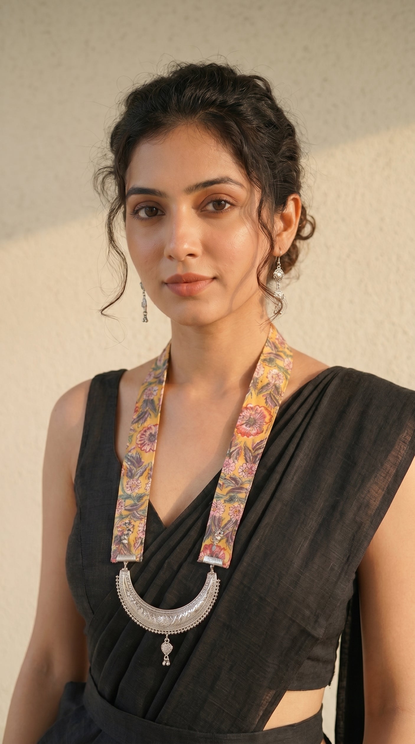Mustard Yellow Floral Sanganeri Print Statement Pendant Collar Necklace