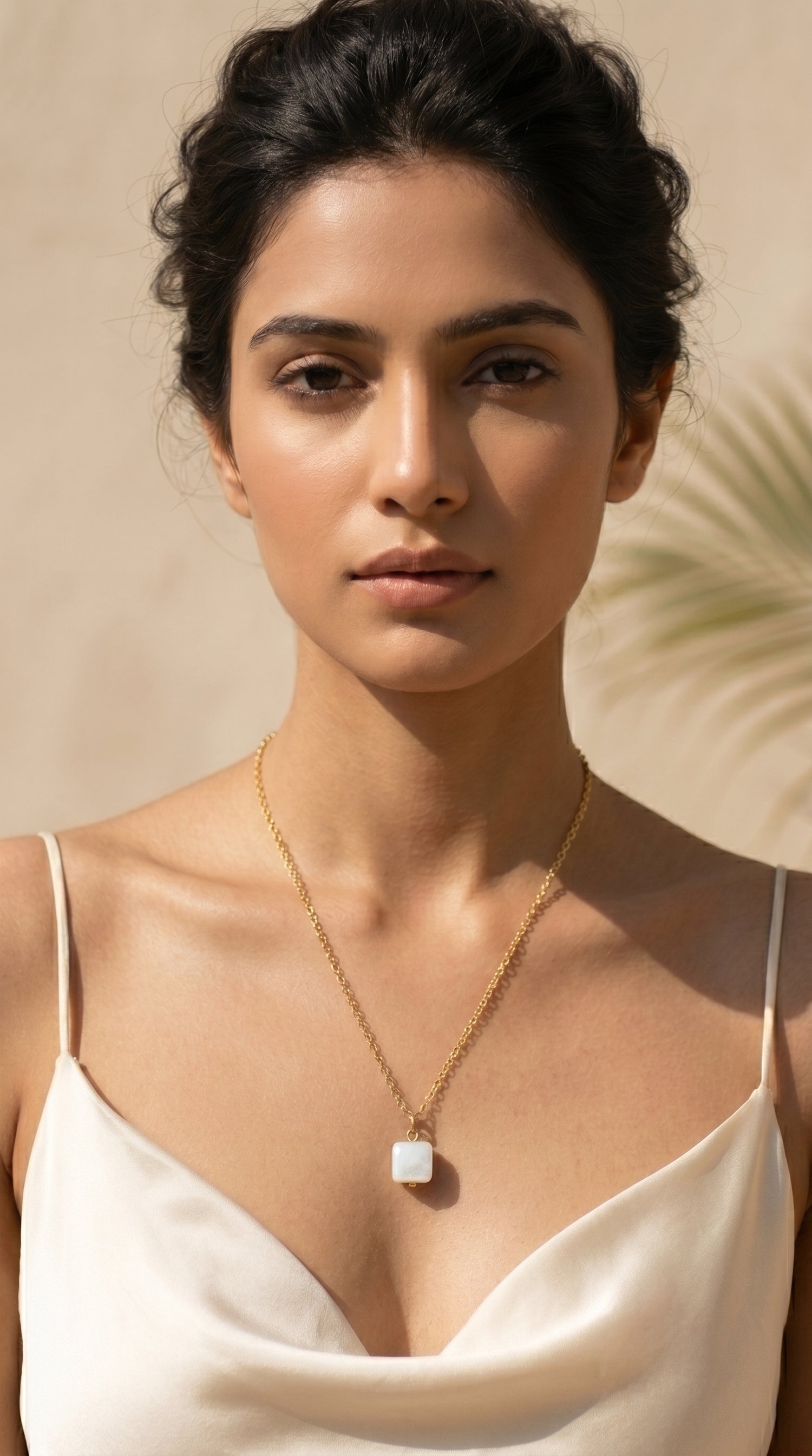 Natural White Quartz Pendant on Delicate Long Gold Chain Necklace