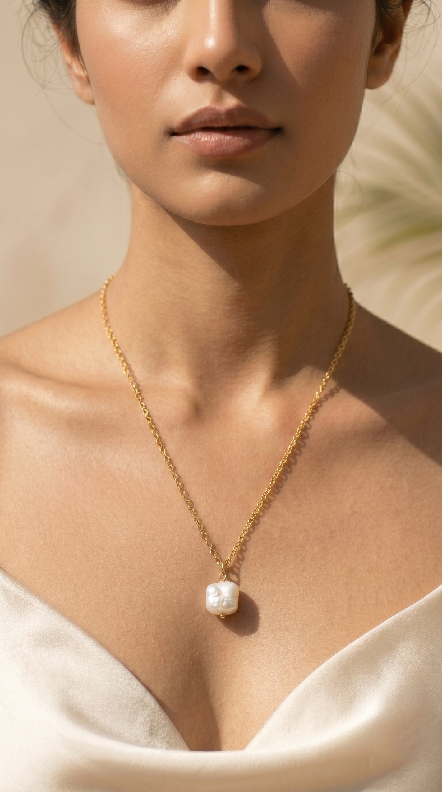 Natural White Quartz Pendant on Delicate Long Gold Chain Necklace