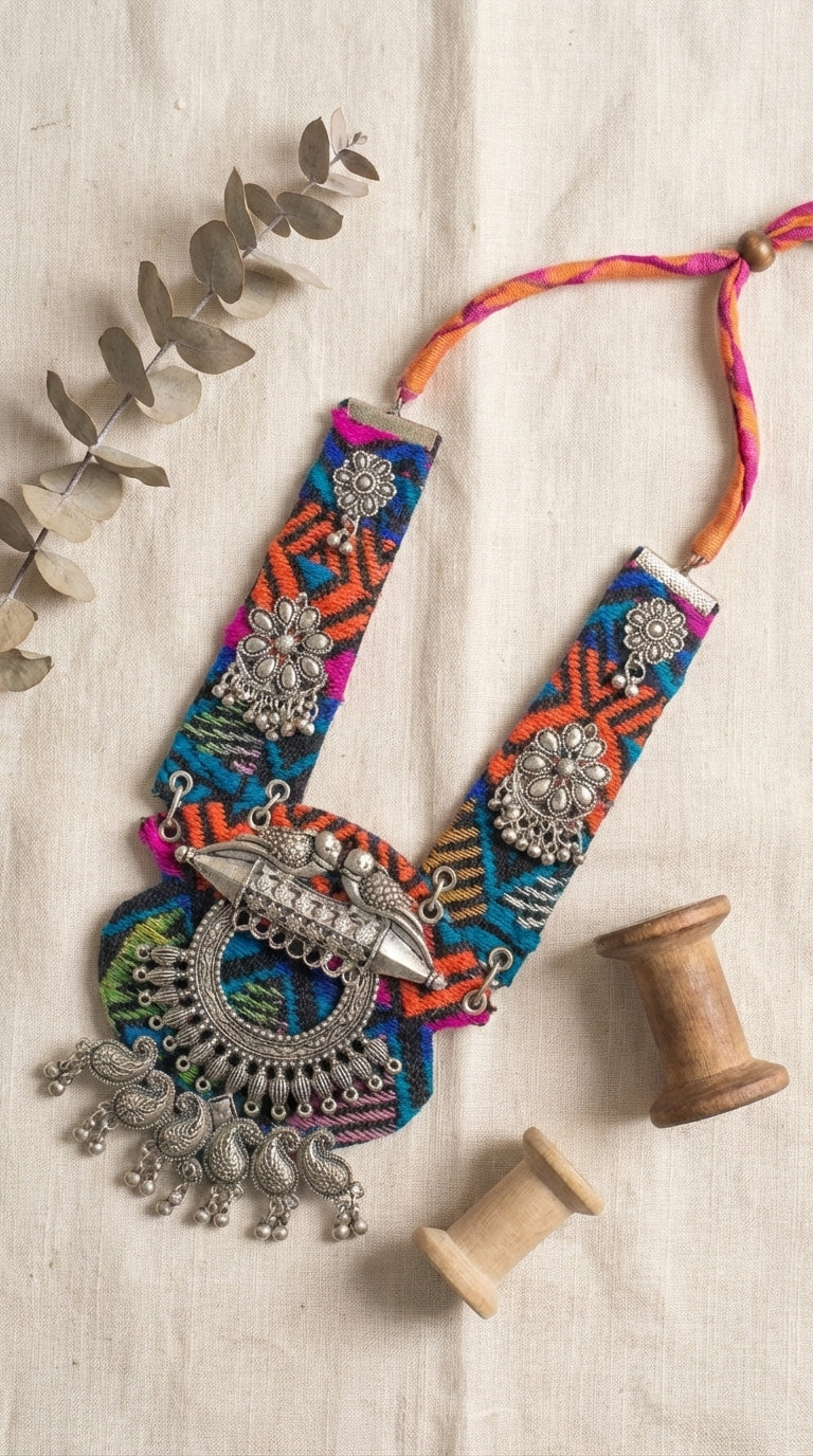 Navrang Kutchi Oxidised Bird Collar Necklace