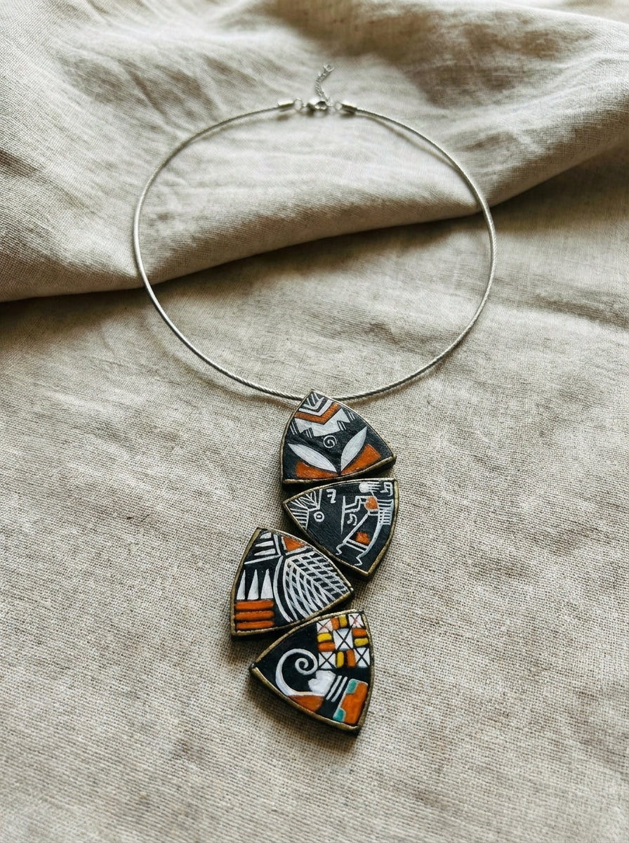 Hand Painted Earthy Flower Motifs Wire Closure Terracotta Clay Handmade Necklace Set