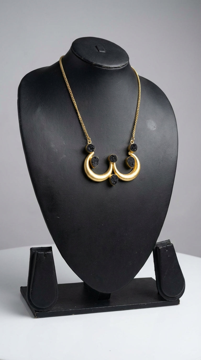 Black Druzy Natural Gemstones Embedded Gold Finish Necklace