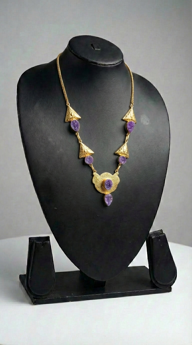 Purple Sugar Druzy Natural Gemstones Embedded Gold Finish Necklace
