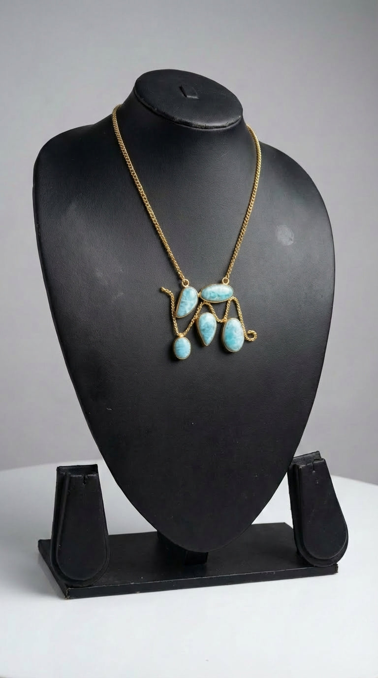 Blue Larimar Natural Gemstones Embedded Gold Chain Necklace