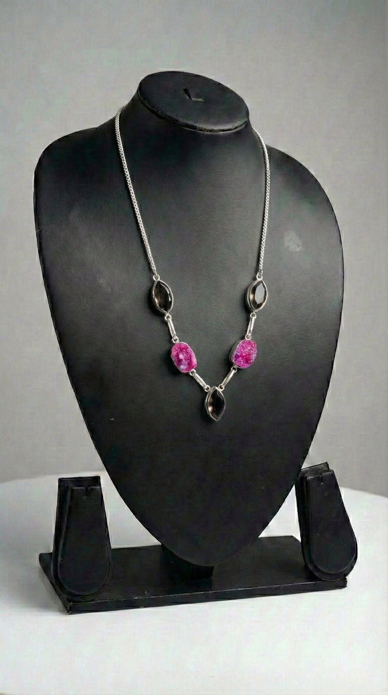 Pink Sugar Druzy and Black Natural Gemstones Embedded Silver Chain Necklace