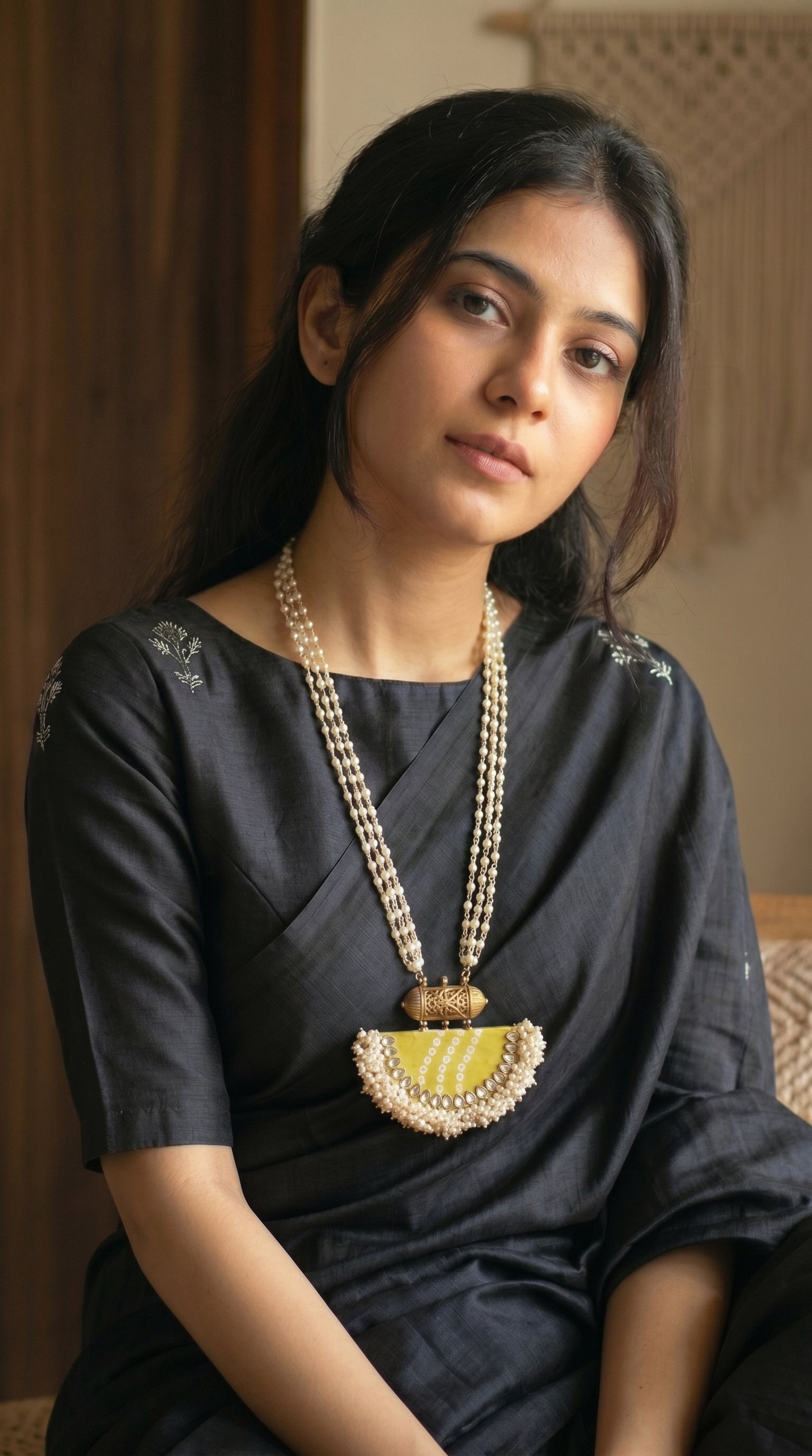 Olive Green Bandhani Fabric Pendant Pearl Strand Necklace