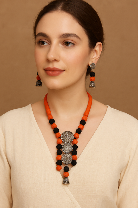 Fabric Beads Metal Work Necklace Set
