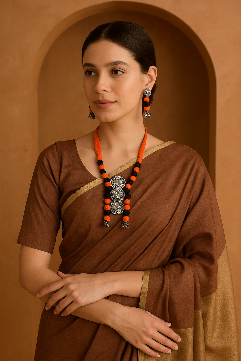 Fabric Beads Metal Work Necklace Set