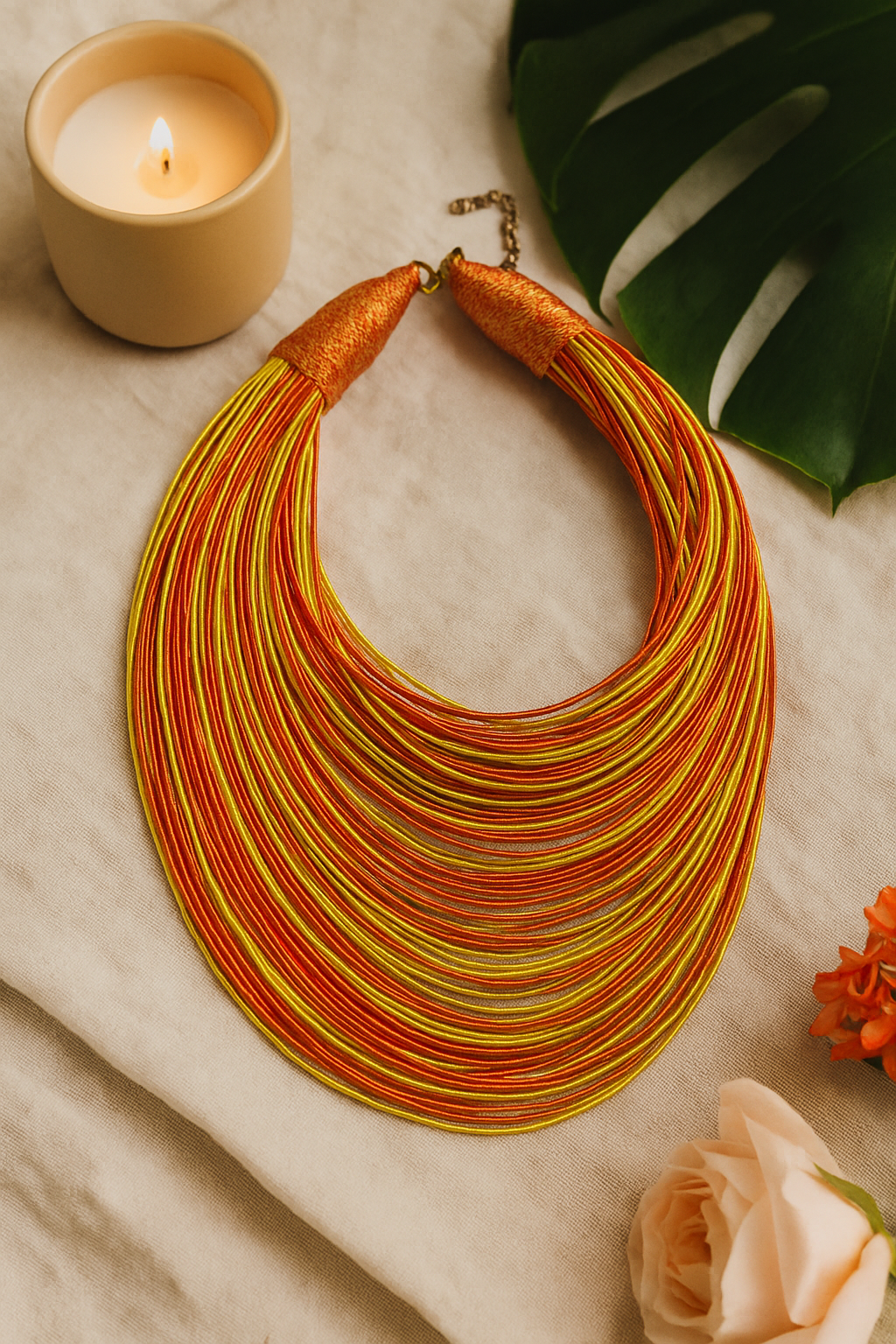 Festive Orange and Yellow Handmade Silk Threads Multi-Layer Statement African Choker Necklace
