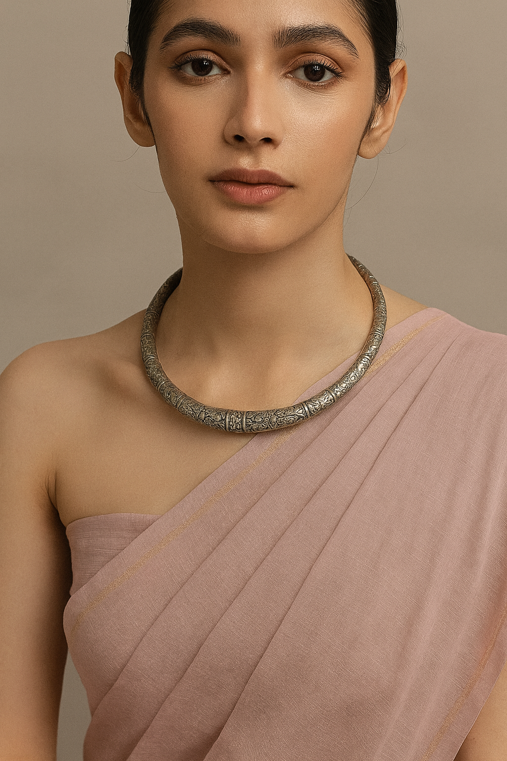Oxidised Finish Metal Hasli Detailed with Engraved Flora and Fauna Motifs