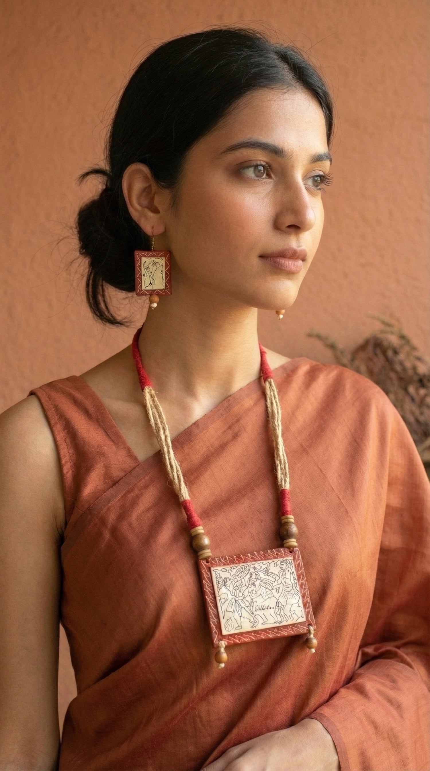 Pattachitra Story Pendant Hand Painted Fabric Necklace Set