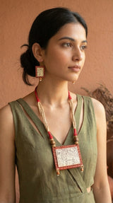 Pattachitra Story Pendant Hand Painted Fabric Necklace Set