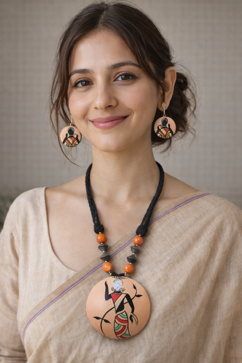 Peach Terracotta Clay Pendant Tribal Woman Printed Adjustable Closure Necklace Set