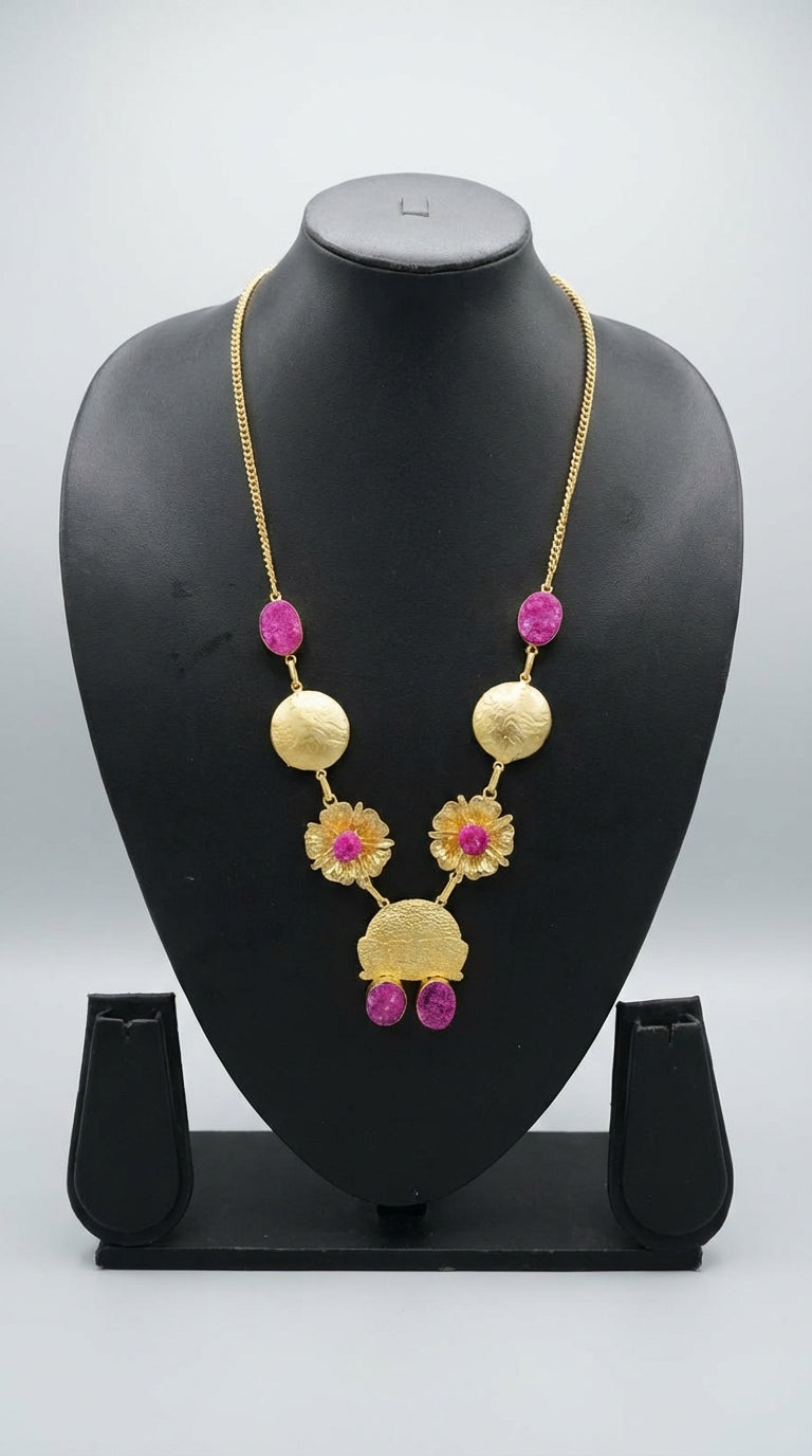 Pink Druzy Natural Gemstones Embedded Gold Finish Elaborate Necklace