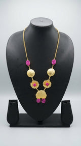 Pink Druzy Natural Gemstones Embedded Gold Finish Elaborate Necklace