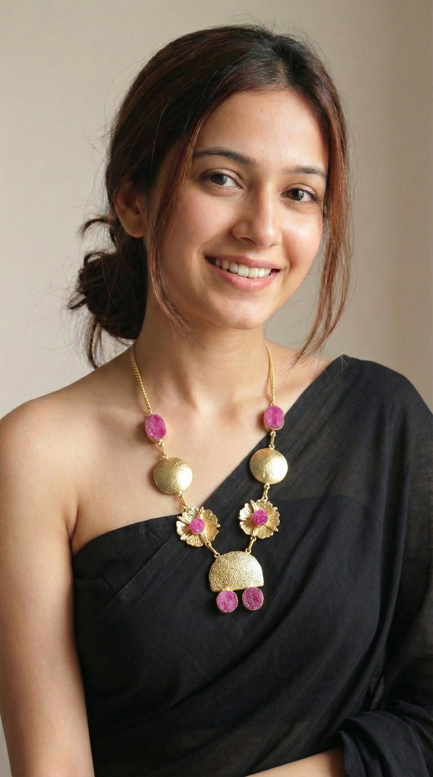 Pink Druzy Natural Gemstones Embedded Gold Finish Elaborate Necklace