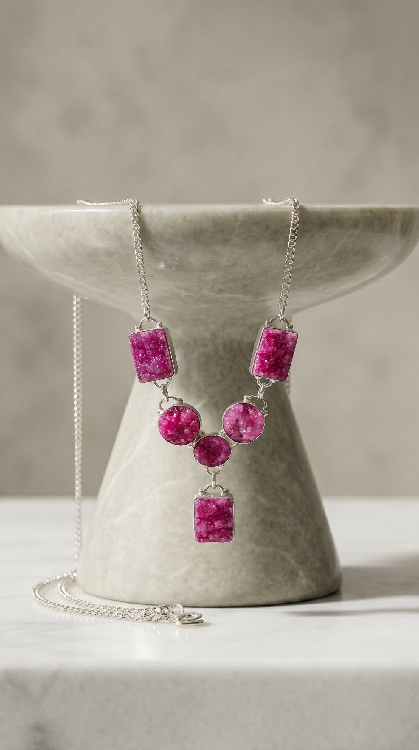 Pink Sugar Druzy Natural Gemstones Embedded Silver Chain Necklace