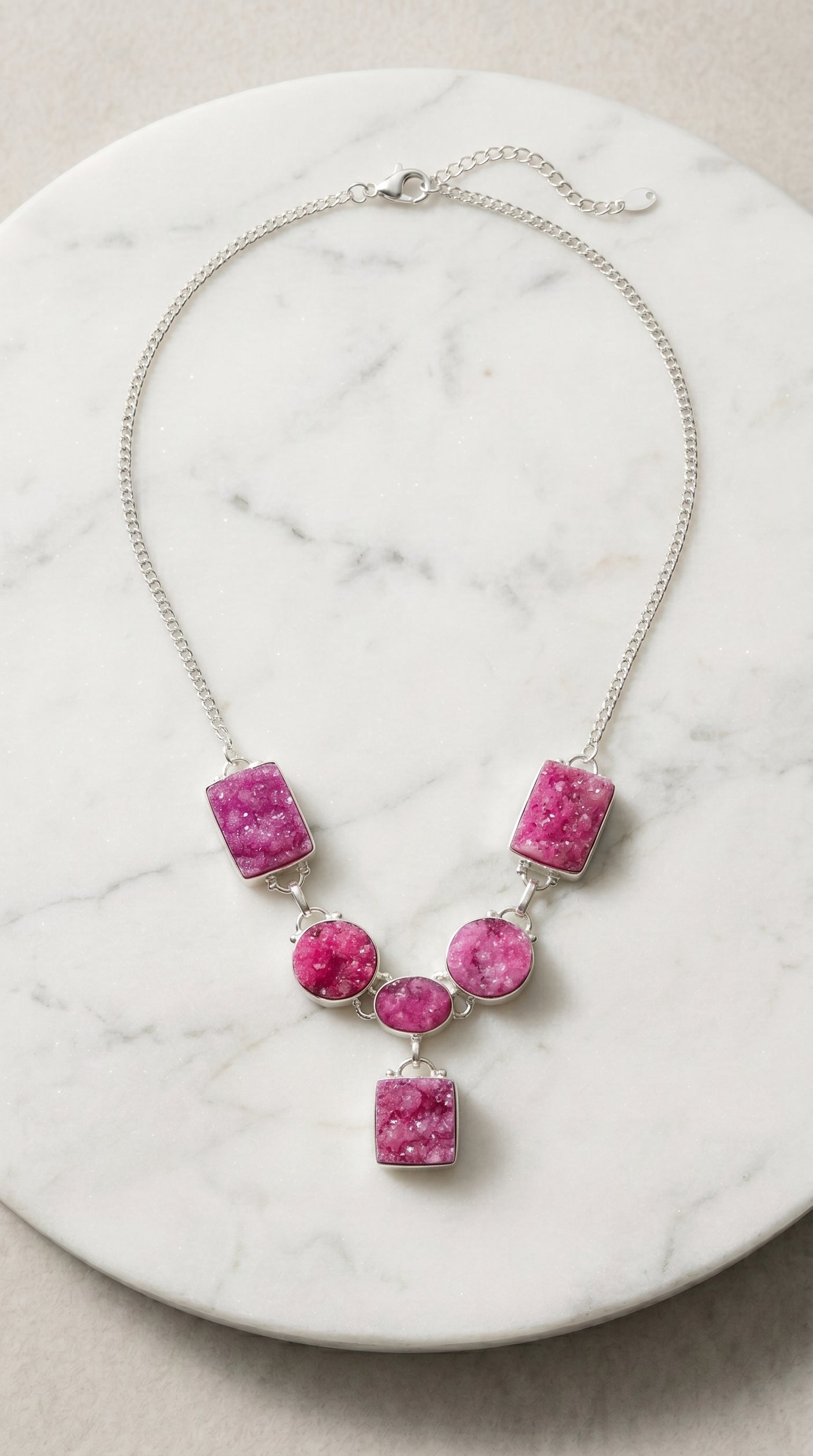 Pink Sugar Druzy Natural Gemstones Embedded Silver Chain Necklace