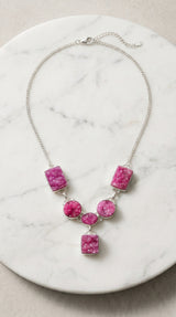 Pink Sugar Druzy Natural Gemstones Embedded Silver Chain Necklace