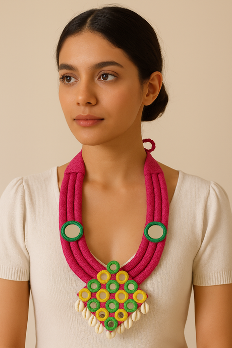Bohemian Pink Embroidered Necklace with Mirrors and Shells