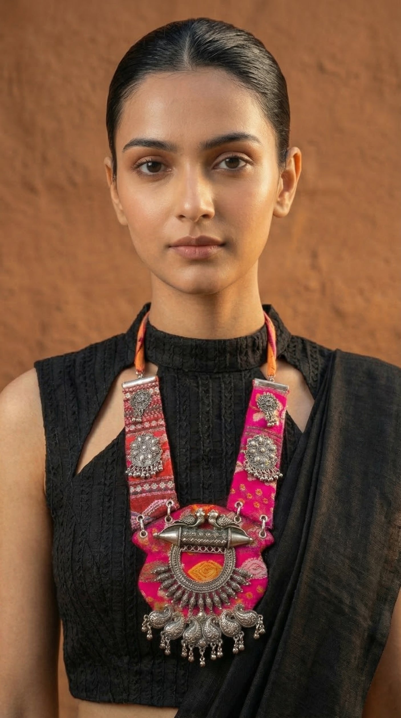 Pink Patola Oxidised Bird Collar Necklace