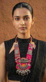 Pink Patola Oxidised Bird Collar Necklace