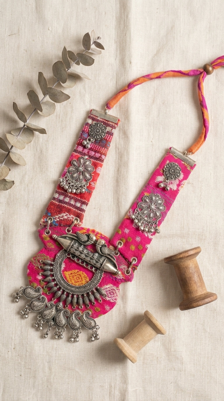 Pink Patola Oxidised Bird Collar Necklace