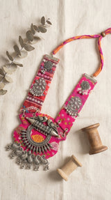 Pink Patola Oxidised Bird Collar Necklace