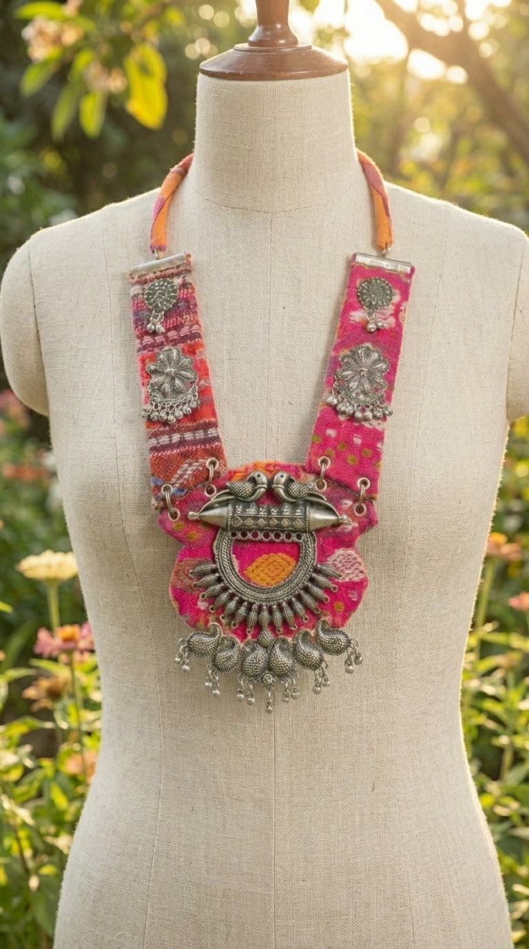 Pink Patola Oxidised Bird Collar Necklace