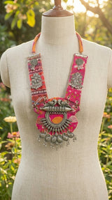 Pink Patola Oxidised Bird Collar Necklace
