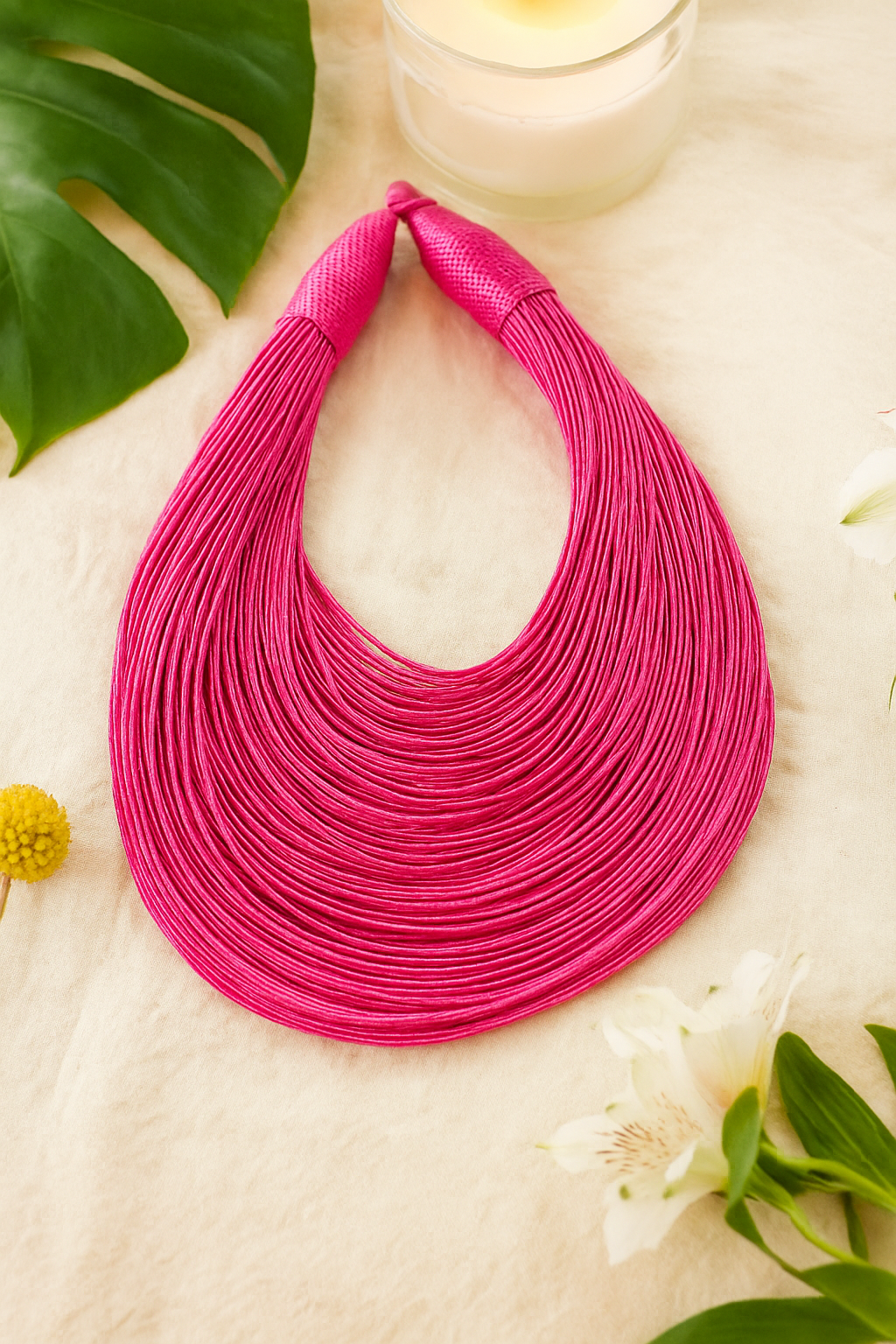 Fuchsia Handmade Silk Threads Multi-Layer Statement African Choker Necklace