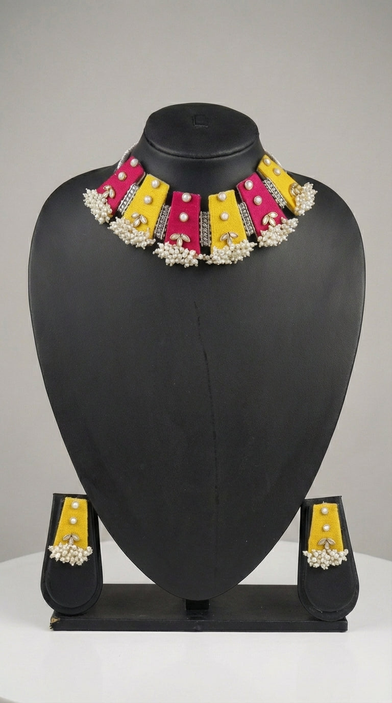 Yellow & Pink Pearl Choker Fabric Necklace Set with Maang Tika