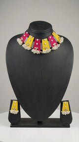 Yellow & Pink Pearl Choker Fabric Necklace Set with Maang Tika