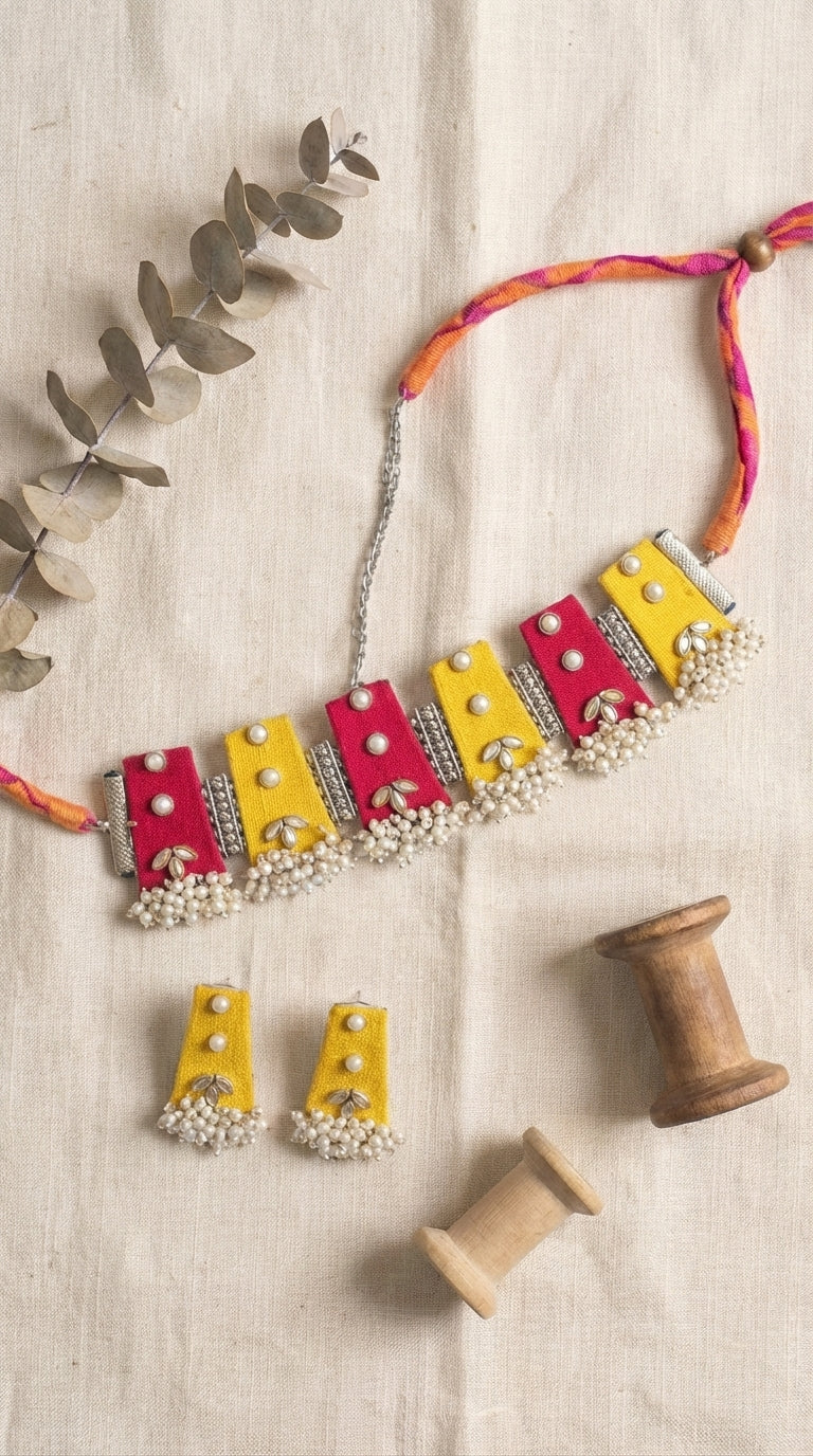 Yellow & Pink Pearl Choker Fabric Necklace Set with Maang Tika