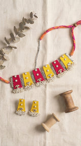 Yellow & Pink Pearl Choker Fabric Necklace Set with Maang Tika