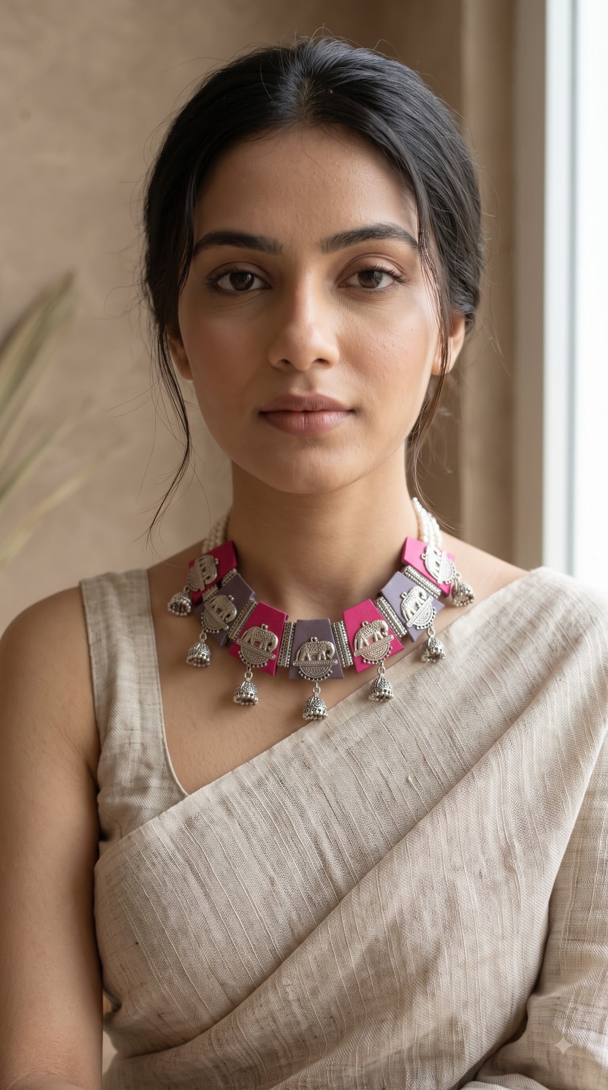 Pink and Charcoal Grey Fabric Tiles Choker Necklace Set with Elephant Charms