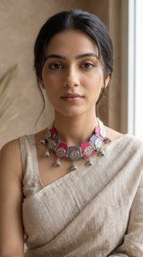 Pink and Charcoal Grey Fabric Tiles Choker Necklace Set with Elephant Charms