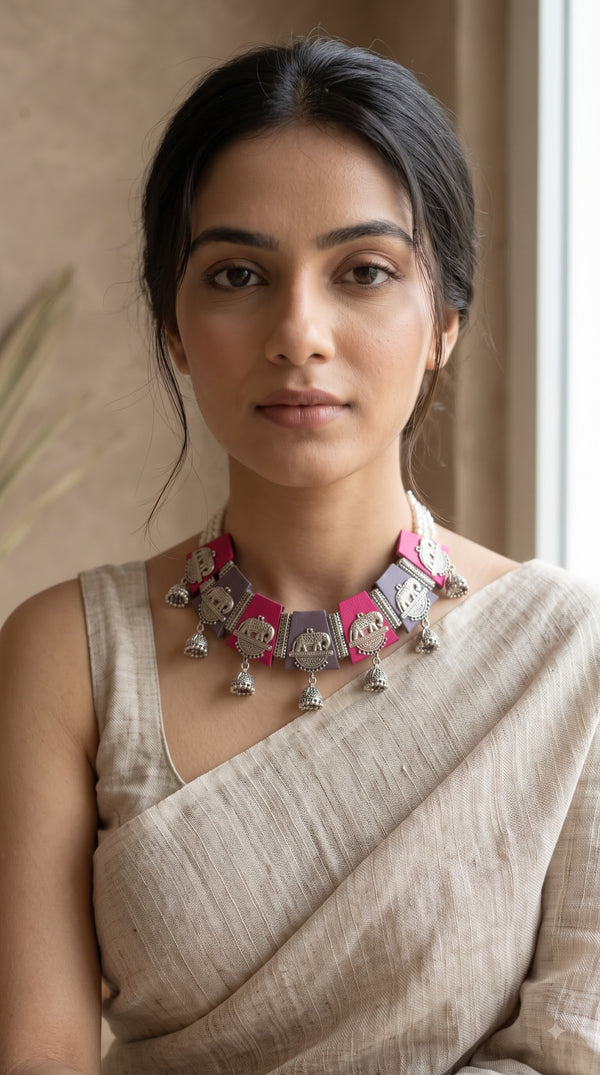 Pink and Charcoal Grey Fabric Tiles Choker Necklace Set with Elephant Charms