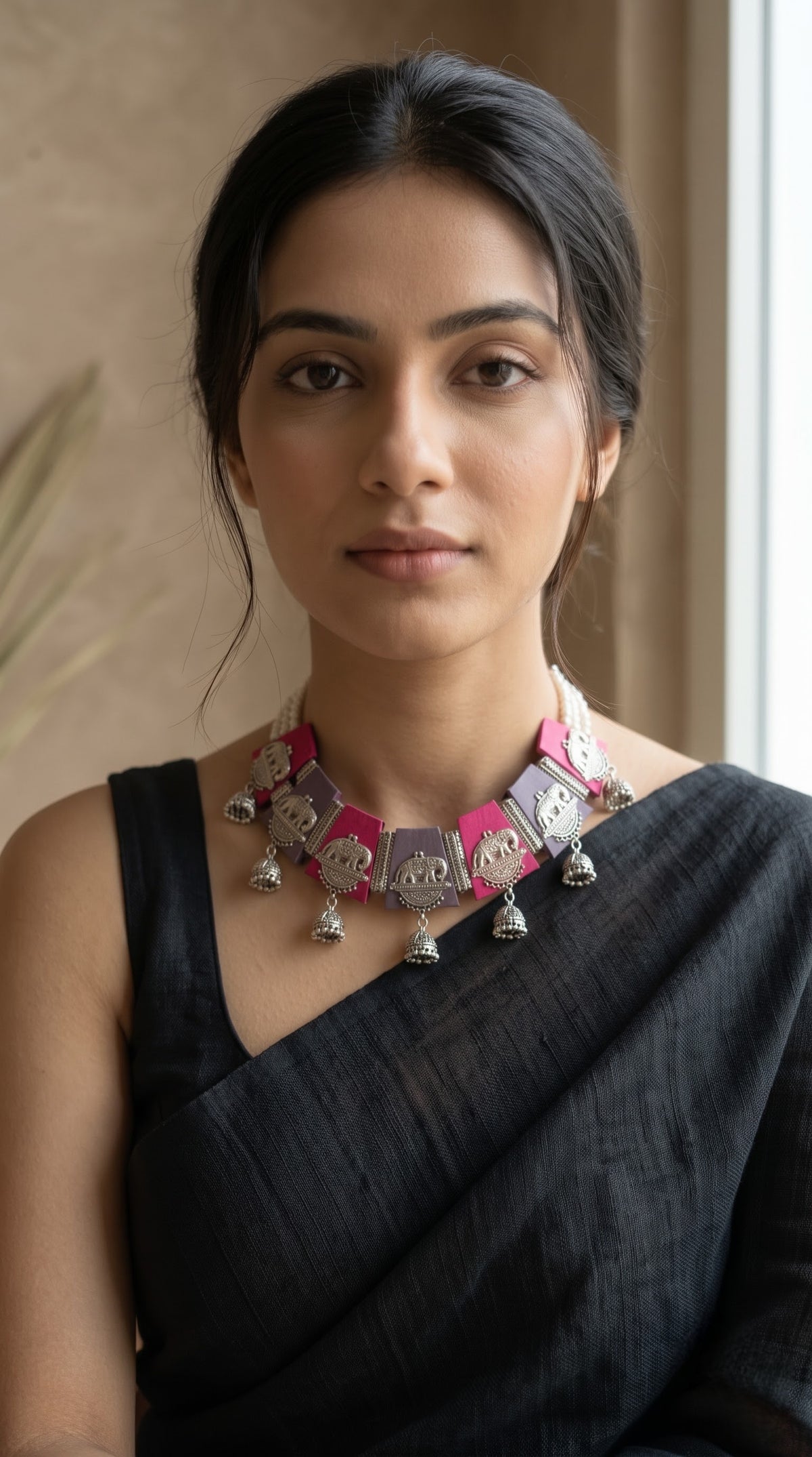 Pink and Charcoal Grey Fabric Tiles Choker Necklace Set with Elephant Charms