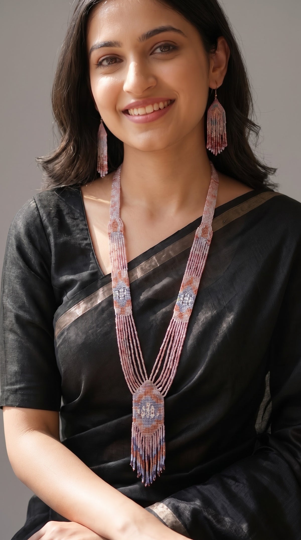 Pink and Multi-Color Hand Beaded Long Necklace Set