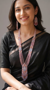Pink and Multi-Color Hand Beaded Long Necklace Set