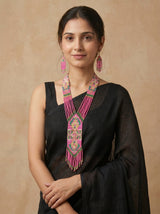 Pink and Multi-Color Hand Beaded Long Necklace Set