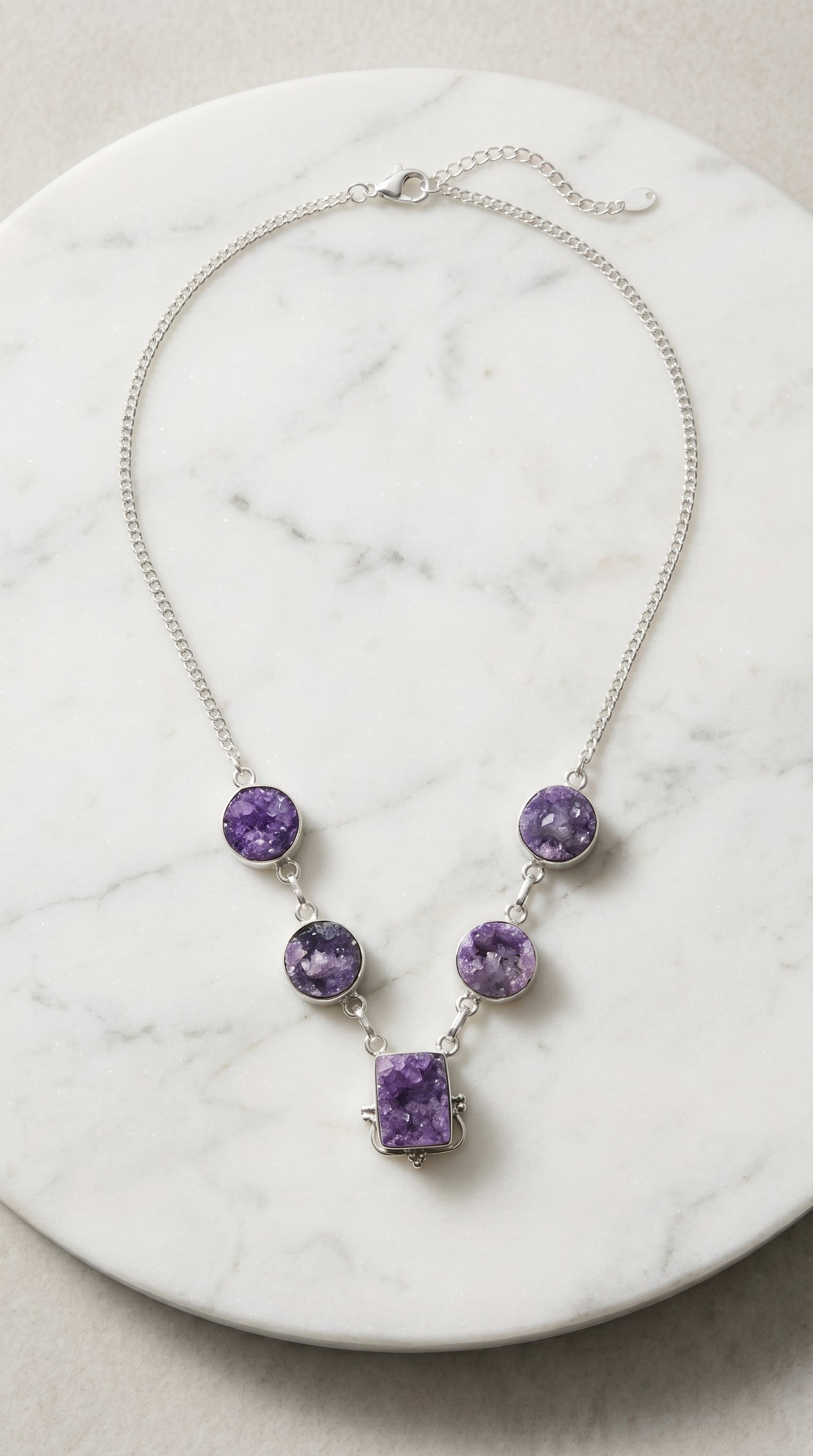 Purple Sugar Druzy Natural Gemstones Embedded Silver Chain Necklace