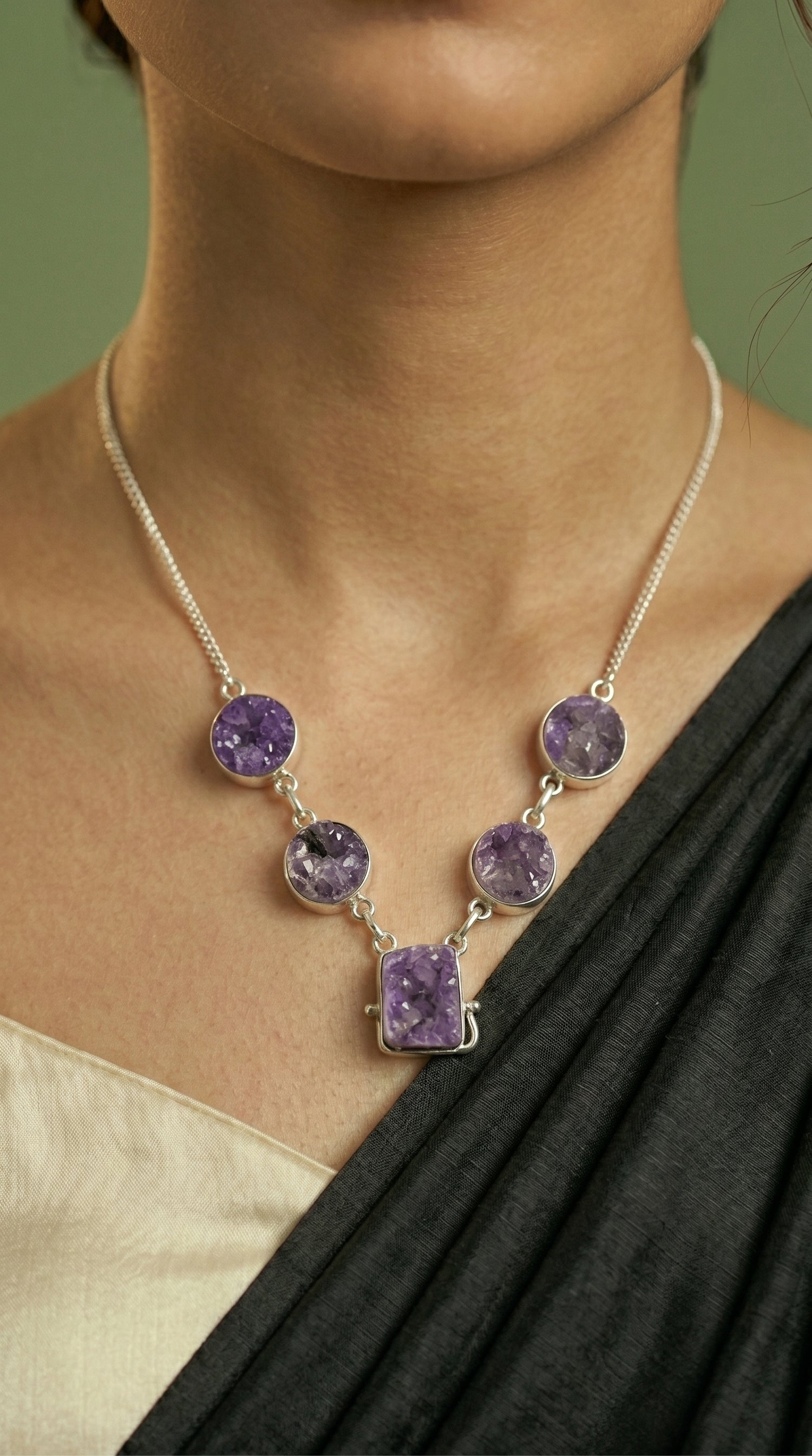 Purple Sugar Druzy Natural Gemstones Embedded Silver Chain Necklace