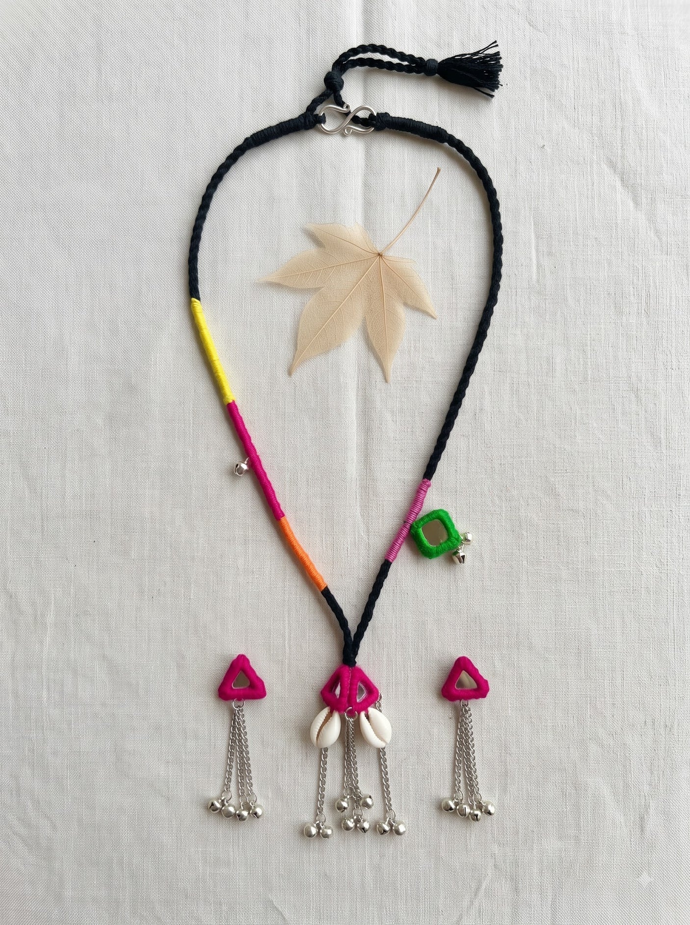 Boho Neon Colour Block Tribal Cowrie & Ghungroo Necklace Set