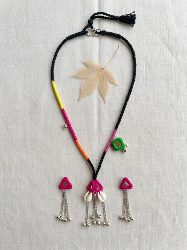 Boho Neon Colour Block Tribal Cowrie & Ghungroo Necklace Set