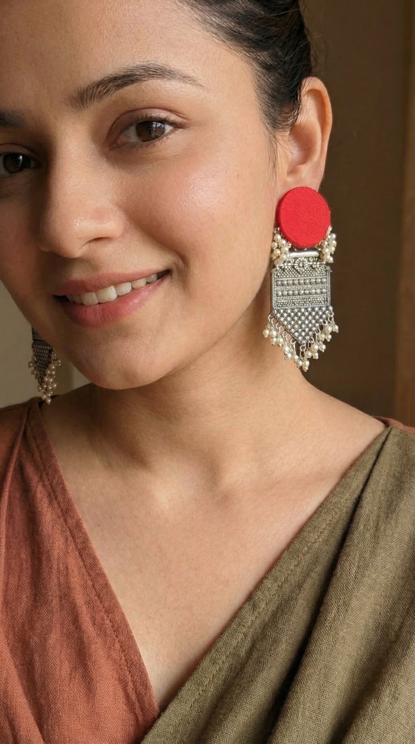 Red Fabric Oxidised Silver Pearl Drop Earrings